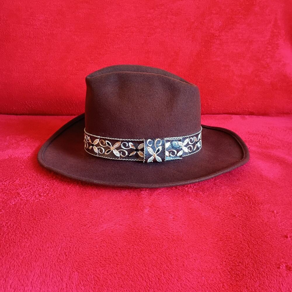 Brown Wool Felt Fedora Aztec Floral Ribbon Boho Western Vintage Rancher 8in